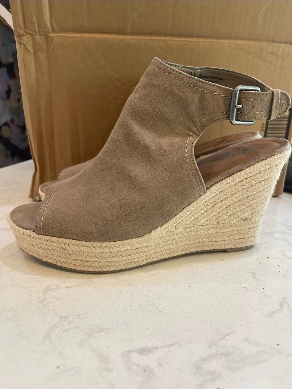 Taupe Open-Toe Suede Wedge Sandals with Ankle Strap